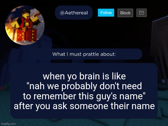 aethereal's forsaken template | when yo brain is like
"nah we probably don't need to remember this guy's name" after you ask someone their name | image tagged in aethereal's forsaken template | made w/ Imgflip meme maker