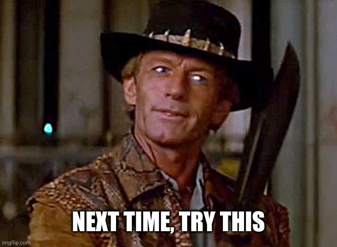 Crocodile Dundee Knife | NEXT TIME, TRY THIS | image tagged in crocodile dundee knife | made w/ Imgflip meme maker