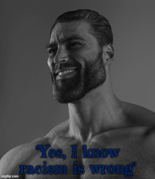 Giga Chad | "Yes, I know racism is wrong" | image tagged in giga chad,racism,discrimination | made w/ Imgflip meme maker