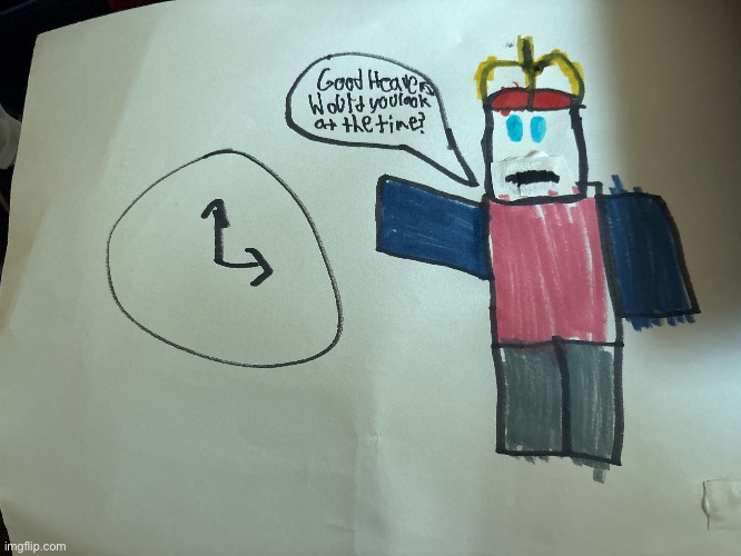 I drew the Cruel King over the "Good heavens would you look at the time" meme, what should I put on the clock? | made w/ Imgflip meme maker
