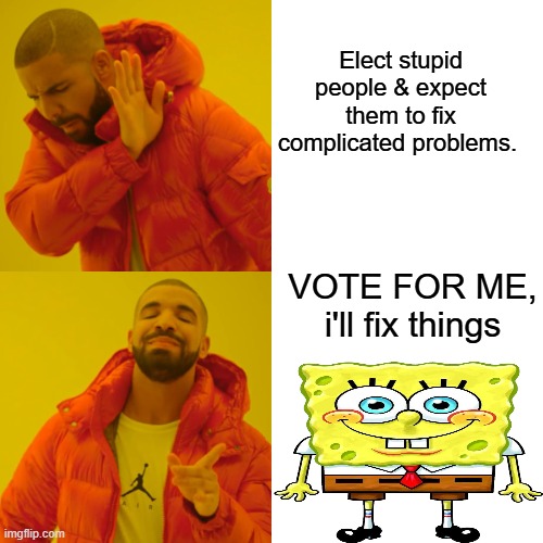 Works every time . | Elect stupid people & expect them to fix complicated problems. VOTE FOR ME, i'll fix things | image tagged in memes,drake hotline bling | made w/ Imgflip meme maker