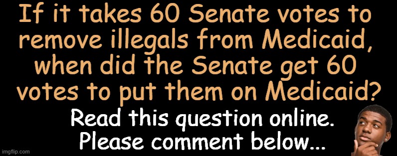 Question of the Day | If it takes 60 Senate votes to 
remove illegals from Medicaid, 
when did the Senate get 60 
votes to put them on Medicaid? Read this question online.

Please comment below... | image tagged in senate,illegals,medicaid,votes,question,thinking man | made w/ Imgflip meme maker