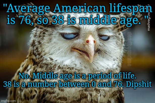 Math is hard for some | "Average American lifespan is 76, so 38 is middle age. "; deadboxprime; No. Middle age is a period of life. 38 is a number between 0 and 76. Dipshit | image tagged in unwise owl | made w/ Imgflip meme maker