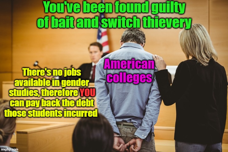 Guilty as charged | You've been found guilty of bait and switch thievery; There's no jobs available in gender studies, therefore YOU can pay back the debt those students incurred; American colleges; YOU | image tagged in student loans,thieves,gender studies,college | made w/ Imgflip meme maker
