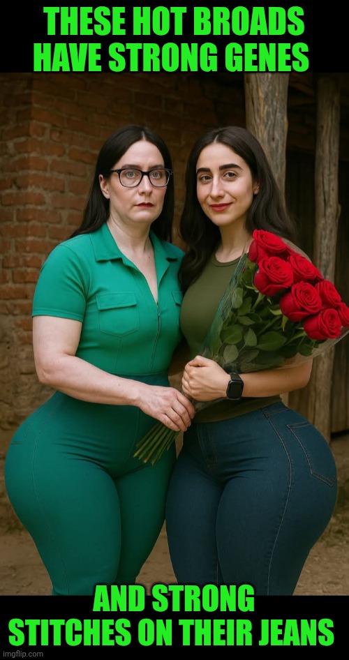 Funny | THESE HOT BROADS HAVE STRONG GENES; AND STRONG STITCHES ON THEIR JEANS | image tagged in funny,strong,genetics,jeans,hot chick,hottie | made w/ Imgflip meme maker