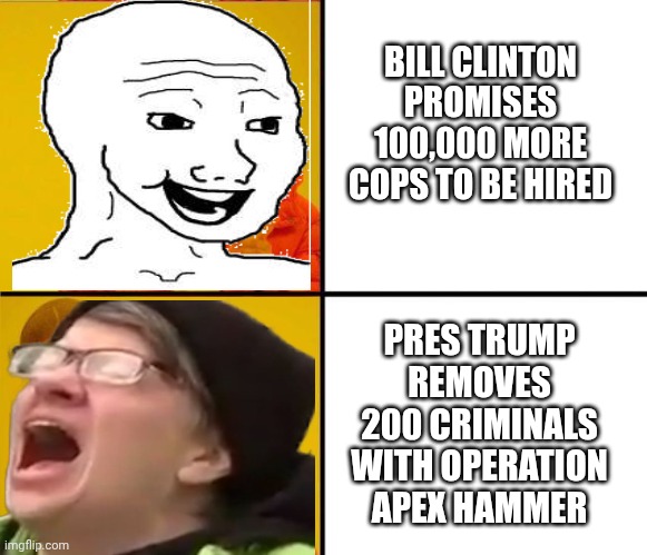 Never Happy | BILL CLINTON PROMISES 100,000 MORE COPS TO BE HIRED; PRES TRUMP REMOVES 200 CRIMINALS WITH OPERATION APEX HAMMER | image tagged in drake yes no reverse,leftists,liberals,democrats,ice,illegal immigration | made w/ Imgflip meme maker