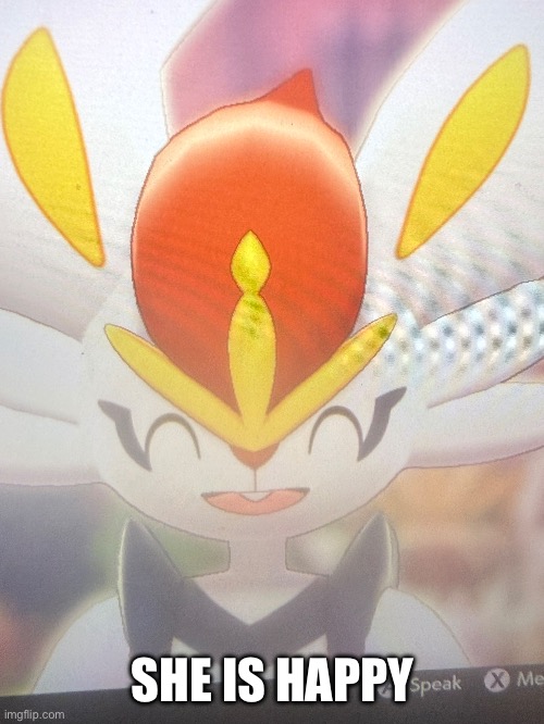 Bunny | SHE IS HAPPY | image tagged in somehow my scorbunny was female | made w/ Imgflip meme maker