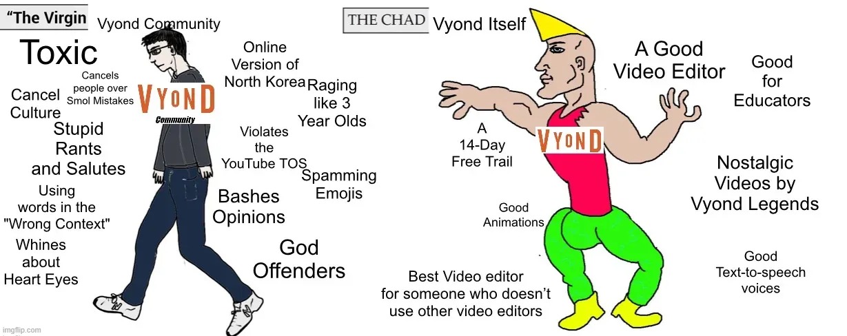 Vyond itself >>>>>> the vyond community | image tagged in vyond,virgin vs chad | made w/ Imgflip meme maker