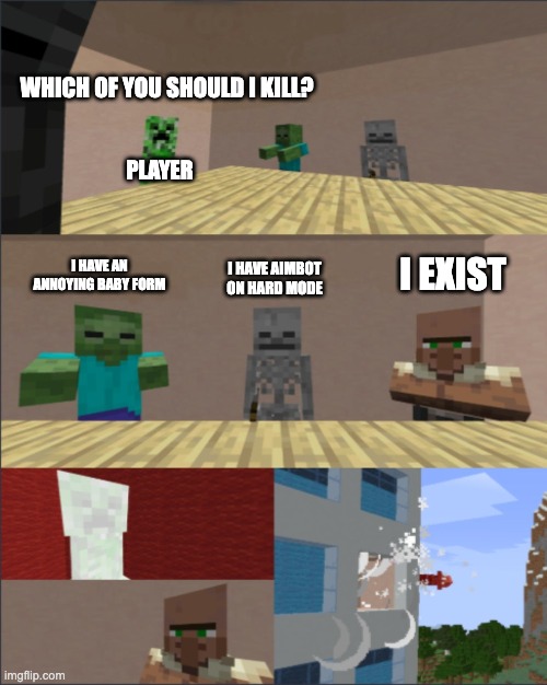 MC players be like... | WHICH OF YOU SHOULD I KILL? PLAYER; I EXIST; I HAVE AN ANNOYING BABY FORM; I HAVE AIMBOT ON HARD MODE | image tagged in minecraft boardroom meeting | made w/ Imgflip meme maker