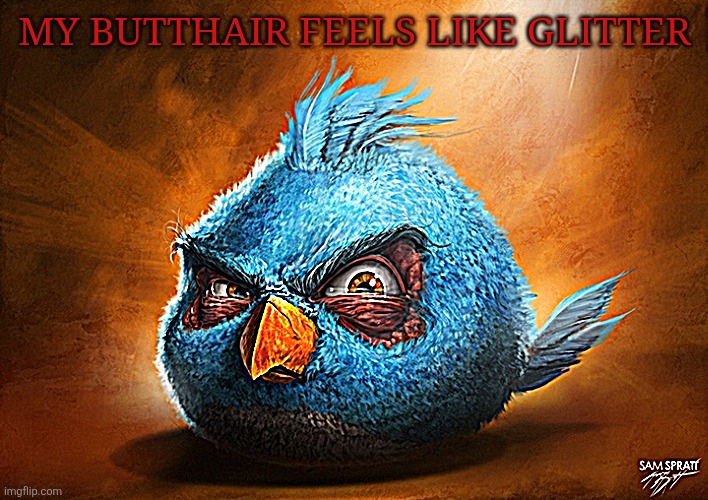 Realistic angry birds | MY BUTTHAIR FEELS LIKE GLITTER | image tagged in angry birds blue,poop,glitter,butthair,ass | made w/ Imgflip meme maker