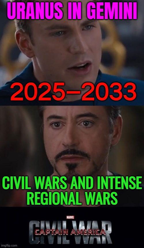 Uranus In Gemini; 2025–2033; Civil Wars And Intense Regional Wars | URANUS IN GEMINI; 2025–2033; CIVIL WARS AND INTENSE
REGIONAL WARS | image tagged in civilwar,uranus,astrology,civil war,world war 3,prophecy | made w/ Imgflip meme maker