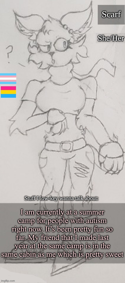 Scarf Announcement Template (drawing by TheFreakyBoi2009)) | I am currently at a summer camp for people with autism right now. It’s been pretty fun so far. My friend that I made last year at the same camp is in the same cabin as me which is pretty sweet | image tagged in scarf announcement template drawing by thefreakyboi2009 | made w/ Imgflip meme maker
