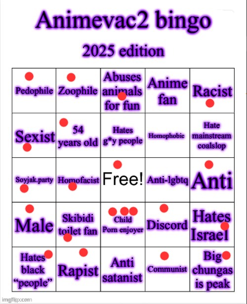 Animevac bingo | image tagged in animevac bingo | made w/ Imgflip meme maker