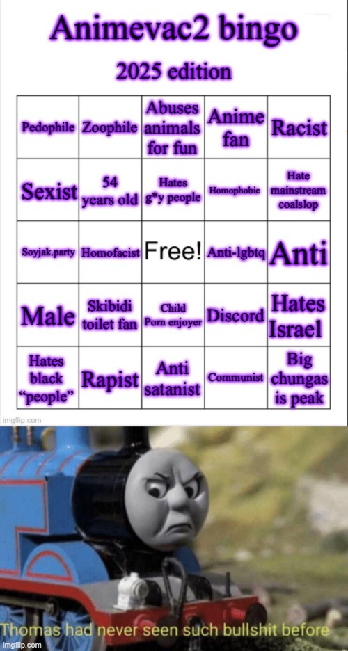 image tagged in animevac bingo,thomas had never seen such bullshit before | made w/ Imgflip meme maker