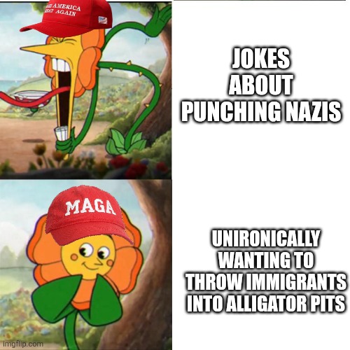 Trump supporters are showing themselves to be twisted sadists | JOKES ABOUT PUNCHING NAZIS; UNIRONICALLY WANTING TO THROW IMMIGRANTS INTO ALLIGATOR PITS | image tagged in cuphead flower,conservatives,conservative hypocrisy,violence,racism | made w/ Imgflip meme maker