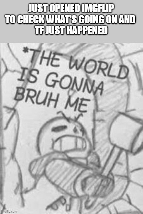 tf just happened | JUST OPENED IMGFLIP TO CHECK WHAT'S GOING ON AND 
TF JUST HAPPENED | image tagged in epic sans the world is gonna bruh me | made w/ Imgflip meme maker