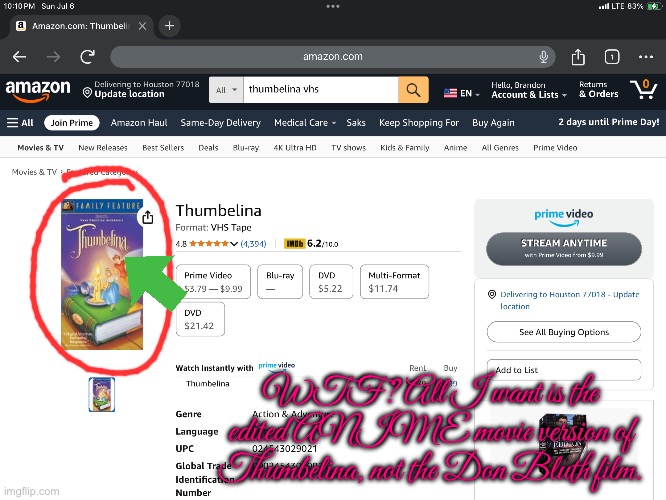 Brandon is Ticked Off at Amazon | WTF? All I want is the edited ANIME movie version of Thumbelina, not the Don Bluth film. | image tagged in amazon,boycott,vhs,anime,fairy tales,princess | made w/ Imgflip meme maker