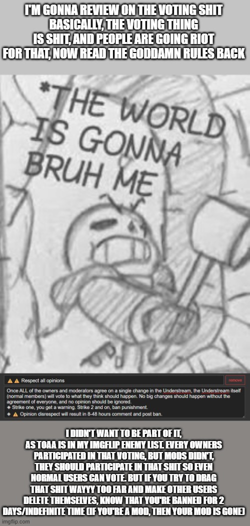 FUCK Y'ALL I CAN'T EVEN TAKE A BREAK PROPERLY (IF Y'ALL WANT DEMOCRACY THEN GET EVERYONE ELSE TO VOTE, AND NOT JUST US) | I'M GONNA REVIEW ON THE VOTING SHIT
BASICALLY, THE VOTING THING IS SHIT, AND PEOPLE ARE GOING RIOT FOR THAT, NOW READ THE GODDAMN RULES BACK; I DIDN'T WANT TO BE PART OF IT, AS TOAA IS IN MY IMGFLIP ENEMY LIST. EVERY OWNERS PARTICIPATED IN THAT VOTING, BUT MODS DIDN'T, THEY SHOULD PARTICIPATE IN THAT SHIT SO EVEN NORMAL USERS CAN VOTE. BUT IF YOU TRY TO DRAG THAT SHIT WAYYY TOO FAR AND MAKE OTHER USERS DELETE THEMSELVES, KNOW THAT YOU'RE BANNED FOR 2 DAYS/INDEFINITE TIME (IF YOU'RE A MOD, THEN YOUR MOD IS GONE) | image tagged in epic sans the world is gonna bruh me | made w/ Imgflip meme maker