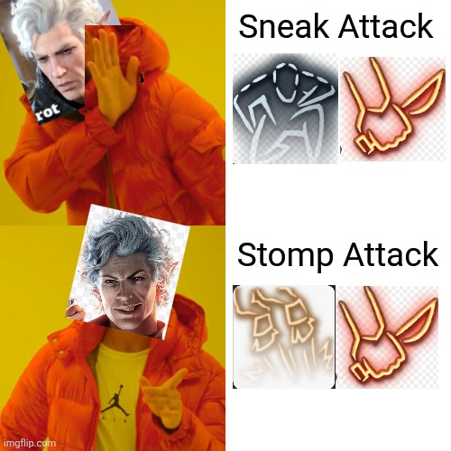 Brutal Leap Just Works | Sneak Attack; Stomp Attack | image tagged in memes,drake hotline bling,bg3,astarion,baldur's gate | made w/ Imgflip meme maker