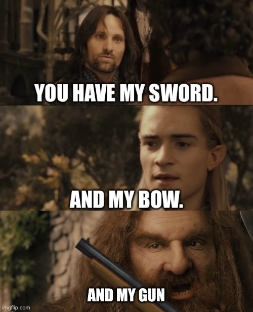 You Have My Sword. And My Bow. And My X | AND MY GUN | image tagged in you have my sword and my bow and my x | made w/ Imgflip meme maker