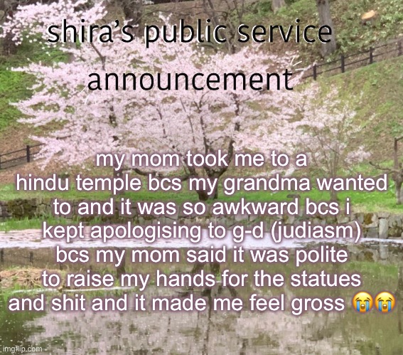 shira’s PSA | my mom took me to a hindu temple bcs my grandma wanted to and it was so awkward bcs i kept apologising to g-d (judiasm) bcs my mom said it was polite to raise my hands for the statues and shit and it made me feel gross 😭😭 | image tagged in shira s psa | made w/ Imgflip meme maker
