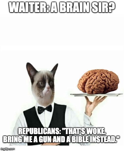 Republicans dont use brains | WAITER: A BRAIN SIR? REPUBLICANS: "THAT’S WOKE. BRING ME A GUN AND A BIBLE INSTEAD." | image tagged in republicans,brains,conservatives,right wing,maga,trump | made w/ Imgflip meme maker