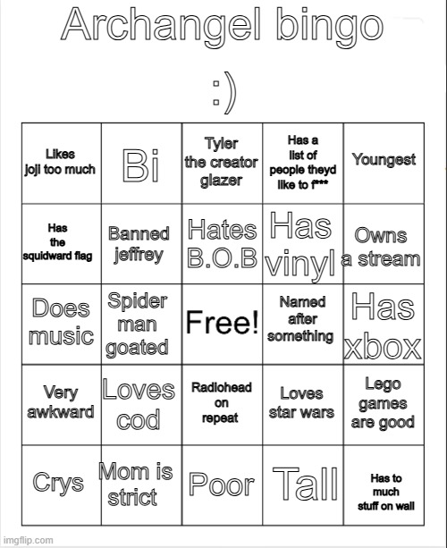 Fill it | Archangel bingo; :); Tyler the creator glazer; Bi; Youngest; Likes joji too much; Has a list of people theyd like to f***; Hates B.O.B; Has the squidward flag; Owns a stream; Has vinyl; Banned jeffrey; Named after something; Does music; Has xbox; Spider man goated; Very awkward; Loves cod; Lego games are good; Loves star wars; Radiohead on repeat; Mom is strict; Crys; Poor; Tall; Has to much stuff on wall | image tagged in blank bingo | made w/ Imgflip meme maker