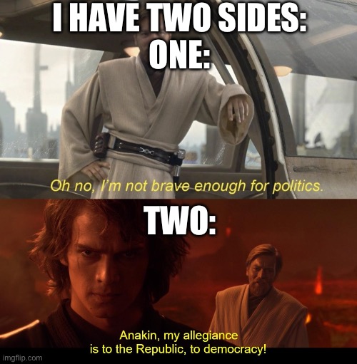 I HAVE TWO SIDES:
ONE: TWO: | image tagged in oh no i'm not brave enough for politics,my allegiance is to the republic to democracy | made w/ Imgflip meme maker