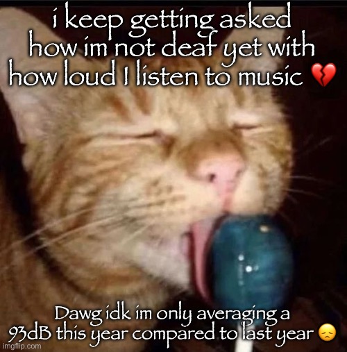 plus ive gone 2 years straight with 100dB almost every hour | i keep getting asked how im not deaf yet with how loud I listen to music 💔; Dawg idk im only averaging a 93dB this year compared to last year 😞 | image tagged in silly goober 2 | made w/ Imgflip meme maker