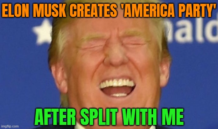 Musk Creates 'America Party' After Split with Trump | ELON MUSK CREATES 'AMERICA PARTY'; AFTER SPLIT WITH ME | image tagged in trump laughing,elon musk,donald trump,third party,politics lol,breaking news | made w/ Imgflip meme maker