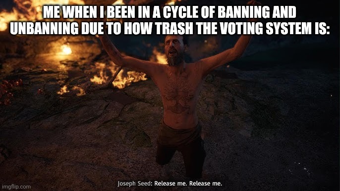 Release Me | ME WHEN I BEEN IN A CYCLE OF BANNING AND UNBANNING DUE TO HOW TRASH THE VOTING SYSTEM IS: | image tagged in release me | made w/ Imgflip meme maker