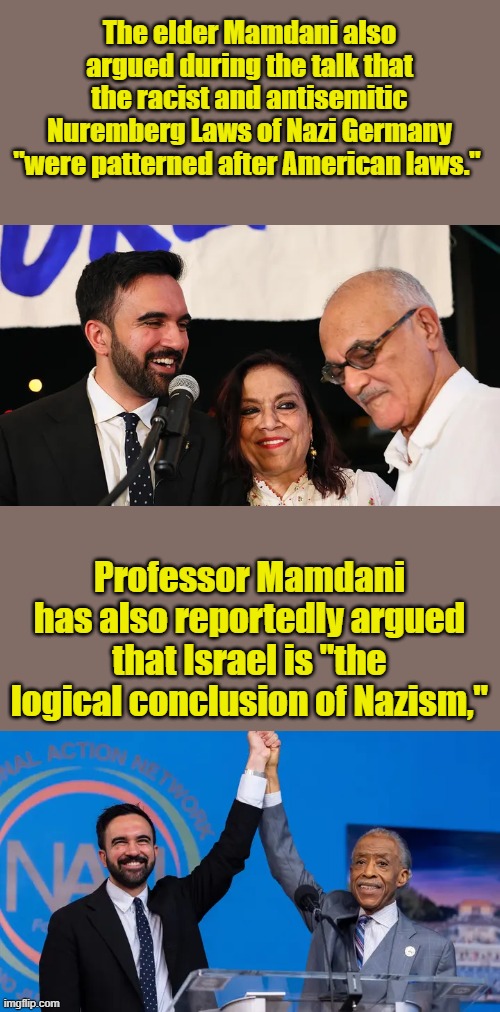 The elder Mamdani also argued during the talk that the racist and antisemitic Nuremberg Laws of Nazi Germany "were patterned after American laws."; Professor Mamdani has also reportedly argued that Israel is "the logical conclusion of Nazism," | made w/ Imgflip meme maker