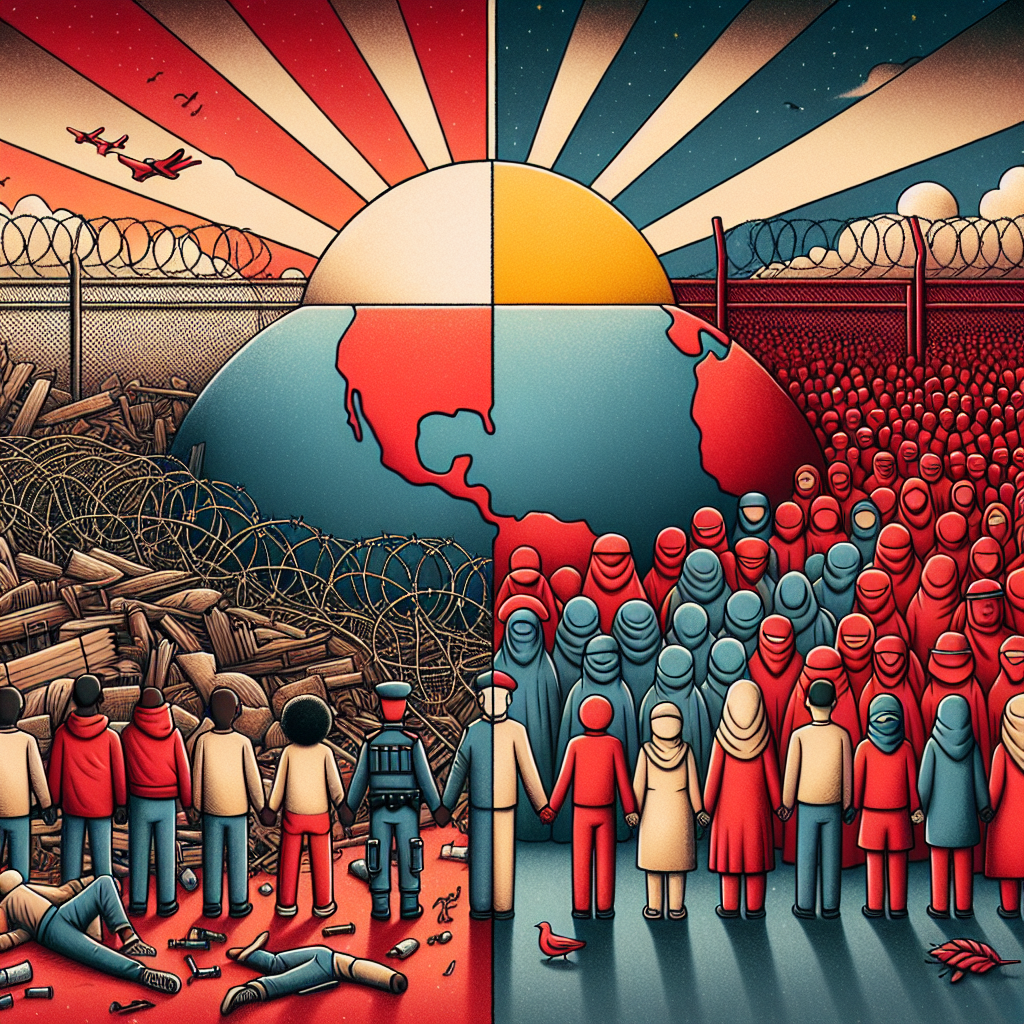 Background split in two:  Left: barbed wire, red caps, and chaos Blank Meme Template