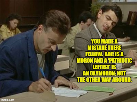 Easy mistake to make, though. | YOU MADE A MISTAKE THERE FELLOW.  AOC IS A MORON AND A 'PATRIOTIC LEFTIST' IS AN OXYMORON; NOT THE OTHER WAY AROUND. | image tagged in mr bean copying | made w/ Imgflip meme maker