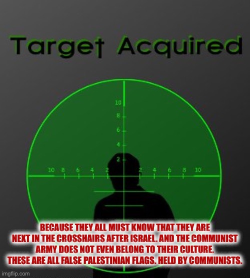target acquired | BECAUSE THEY ALL MUST KNOW THAT THEY ARE NEXT IN THE CROSSHAIRS AFTER ISRAEL. AND THE COMMUNIST ARMY DOES NOT EVEN BELONG TO THEIR CULTURE.  | image tagged in target acquired | made w/ Imgflip meme maker