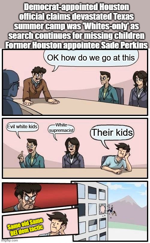 DEM hate on whitey meeting | Democrat-appointed Houston official claims devastated Texas summer camp was 'Whites-only' as search continues for missing children
Former Houston appointee Sade Perkins; OK how do we go at this; White supremacist; Evil white kids; Their kids; Same old Same DEI dem tactic | image tagged in memes,boardroom meeting suggestion | made w/ Imgflip meme maker