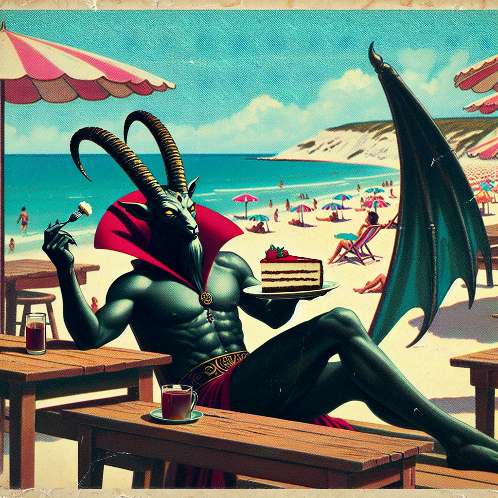 Baphomet sitting at a table in a beach bar, enjoying a nice slic Blank Meme Template