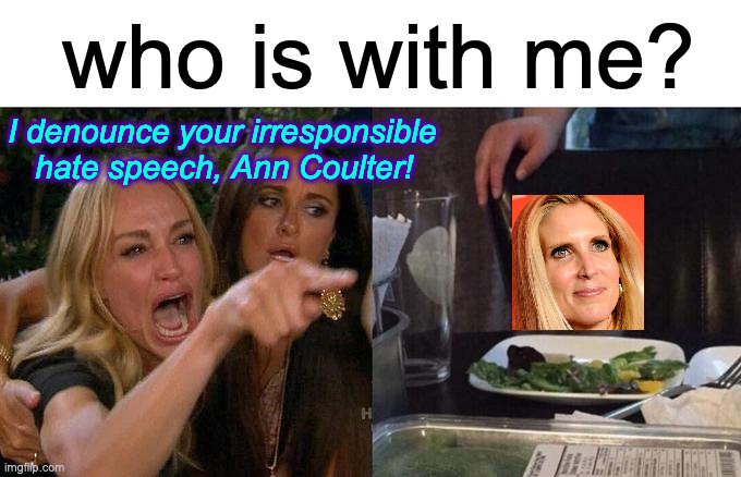Common ground. | who is with me? I denounce your irresponsible
   hate speech, Ann Coulter! | image tagged in memes,woman yelling at cat,united we stand,ann coulter | made w/ Imgflip meme maker