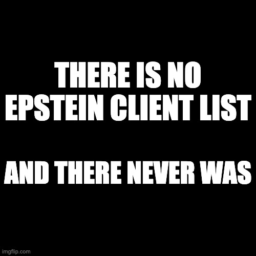 There is no Epstein client list and there never was | THERE IS NO EPSTEIN CLIENT LIST; AND THERE NEVER WAS | image tagged in black | made w/ Imgflip meme maker