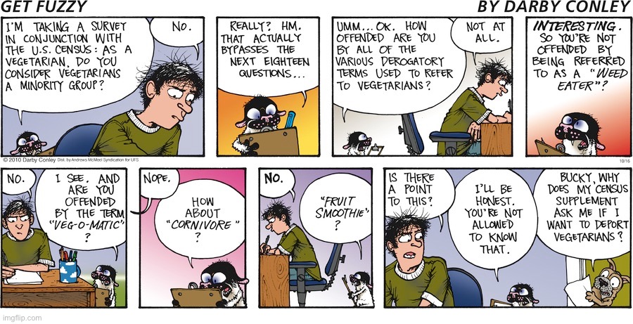 (Apologies to any vegetarians out there…) | image tagged in comics,get fuzzy,cat and dog,vegetarians | made w/ Imgflip meme maker