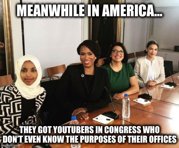 Doing Everything for Likes. And Nothing for the People. | MEANWHILE IN AMERICA…; THEY GOT YOUTUBERS IN CONGRESS WHO DON’T EVEN KNOW THE PURPOSES OF THEIR OFFICES | image tagged in the squad,democrats,stupid liberals,fraud,waste,abuse | made w/ Imgflip meme maker