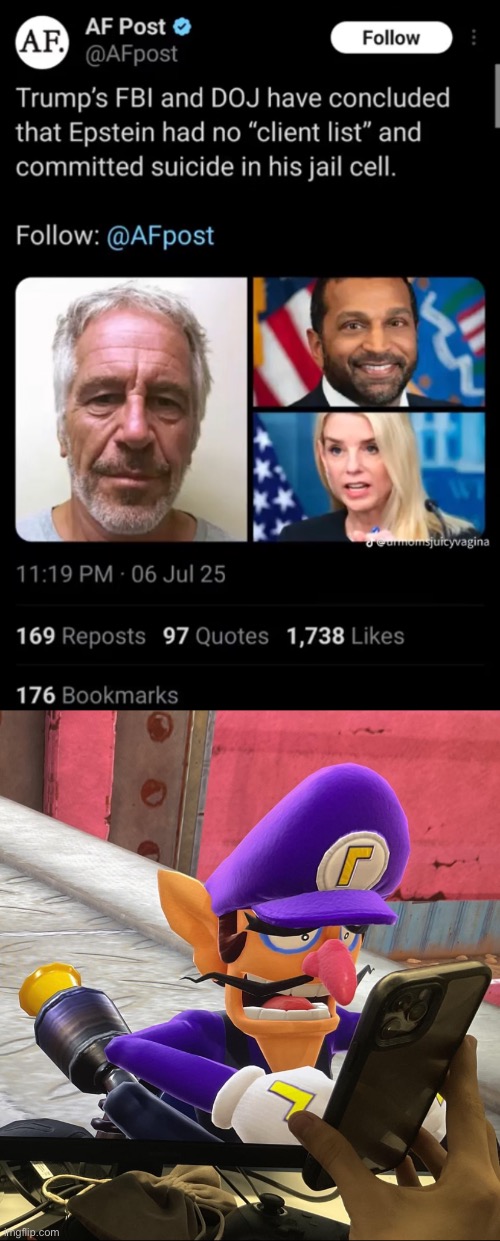 Tf you mean theres no client list? You released it, unreleased it, redacted it, and then said Trump wasn’t there. | made w/ Imgflip meme maker
