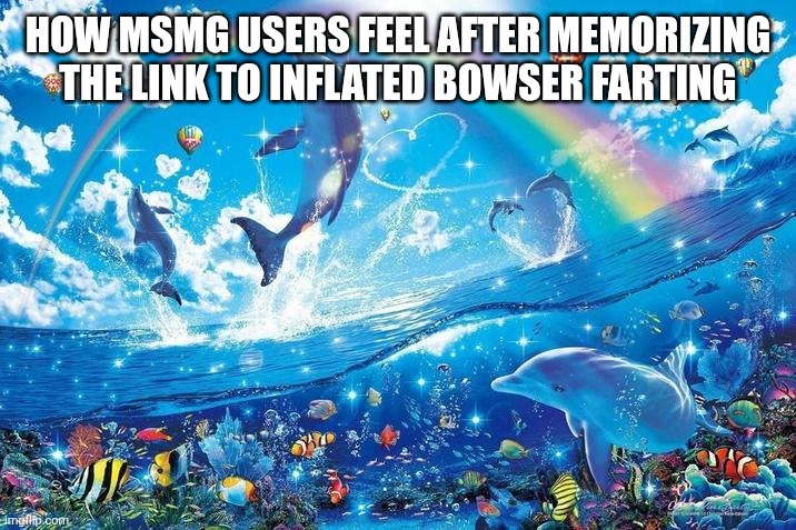 Happy dolphin rainbow | HOW MSMG USERS FEEL AFTER MEMORIZING THE LINK TO INFLATED BOWSER FARTING | image tagged in happy dolphin rainbow | made w/ Imgflip meme maker
