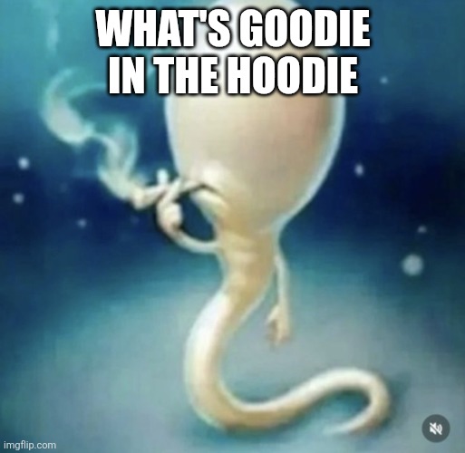 Badass sperm smoking | WHAT'S GOODIE IN THE HOODIE | image tagged in badass sperm smoking | made w/ Imgflip meme maker