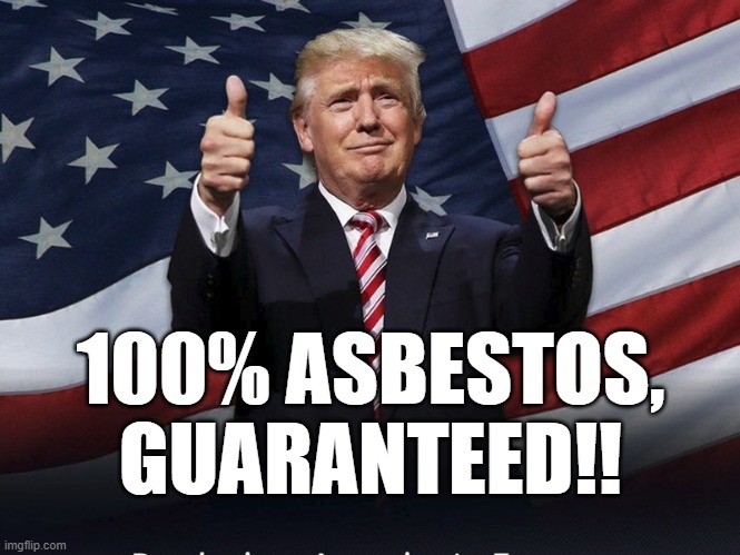 Donald Trump Thumbs Up | 100% ASBESTOS,
GUARANTEED!! | image tagged in donald trump thumbs up | made w/ Imgflip meme maker