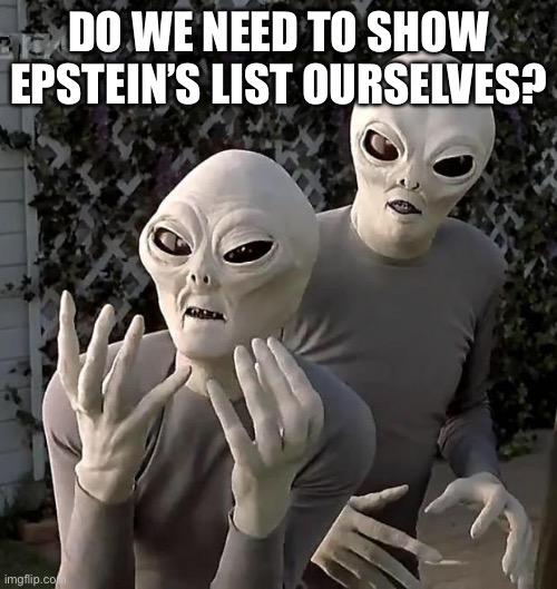 We got the list | DO WE NEED TO SHOW EPSTEIN’S LIST OURSELVES? | image tagged in aliens,epstein | made w/ Imgflip meme maker