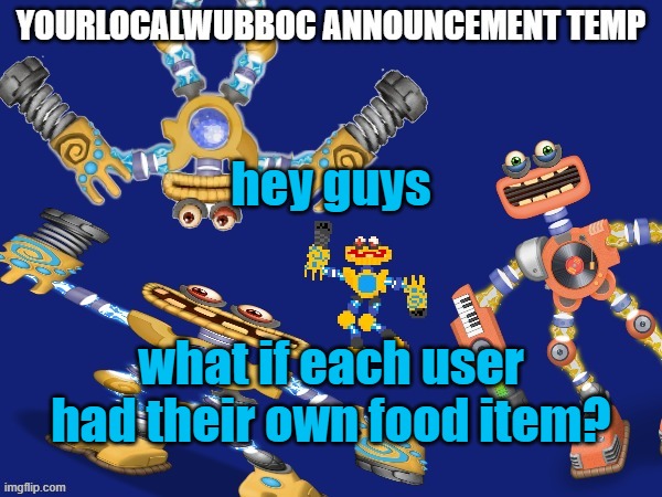 YourLocalWubboc Announcement Temp | hey guys; what if each user had their own food item? | image tagged in yourlocalwubboc announcement temp | made w/ Imgflip meme maker