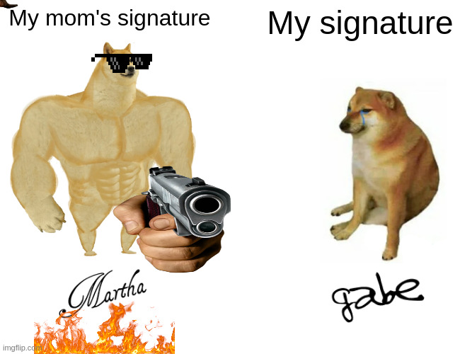 Buff Doge vs. Cheems Meme | My mom's signature; My signature | image tagged in memes,buff doge vs cheems | made w/ Imgflip meme maker