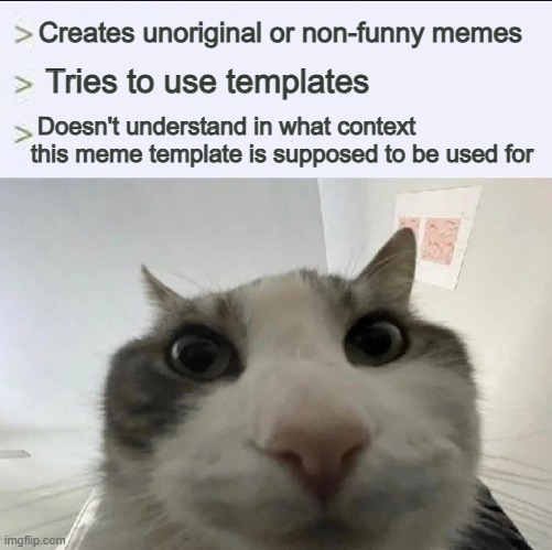Relatable, Am i right... guys? | Creates unoriginal or non-funny memes; Tries to use templates; Doesn't understand in what context this meme template is supposed to be used for | image tagged in cat looks inside | made w/ Imgflip meme maker