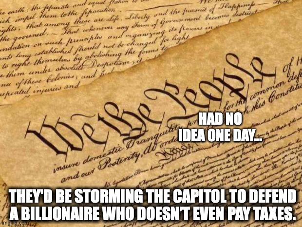 we the people x donald trump | HAD NO IDEA ONE DAY... THEY'D BE STORMING THE CAPITOL TO DEFEND A BILLIONAIRE WHO DOESN’T EVEN PAY TAXES. | image tagged in constitution,donald trump,maga,republicans | made w/ Imgflip meme maker